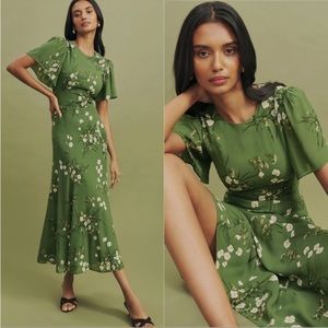 Reformation Roxana Green Floral Flutter Sleeve Midi Dress Size 6